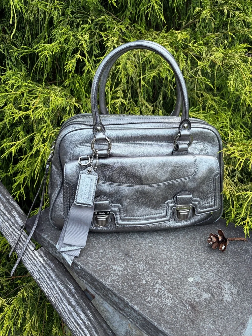 Coach Poppy Metallic Leather  Silver Pushlock Satchel 17888 With Crossbody Strap